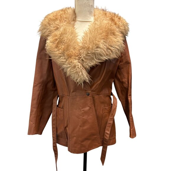 Vintage 1960s Brown Leather Belted Penny Lane Jacket With Faux Fur Collar - Picture 5 of 13
